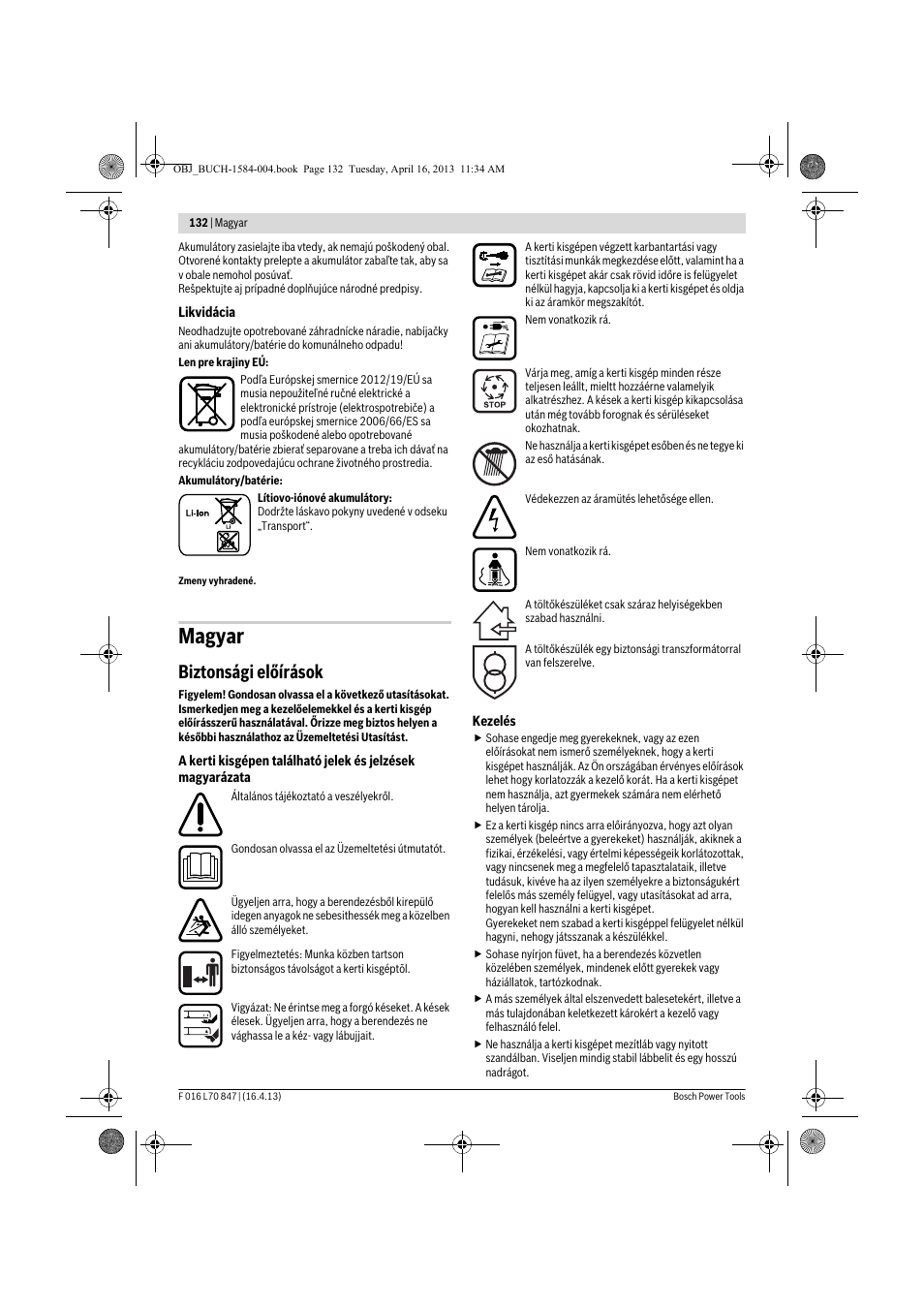 Magyar, Biztonsági előírások | Bosch Rotak 32 LI User Manual | Page 132 / 248