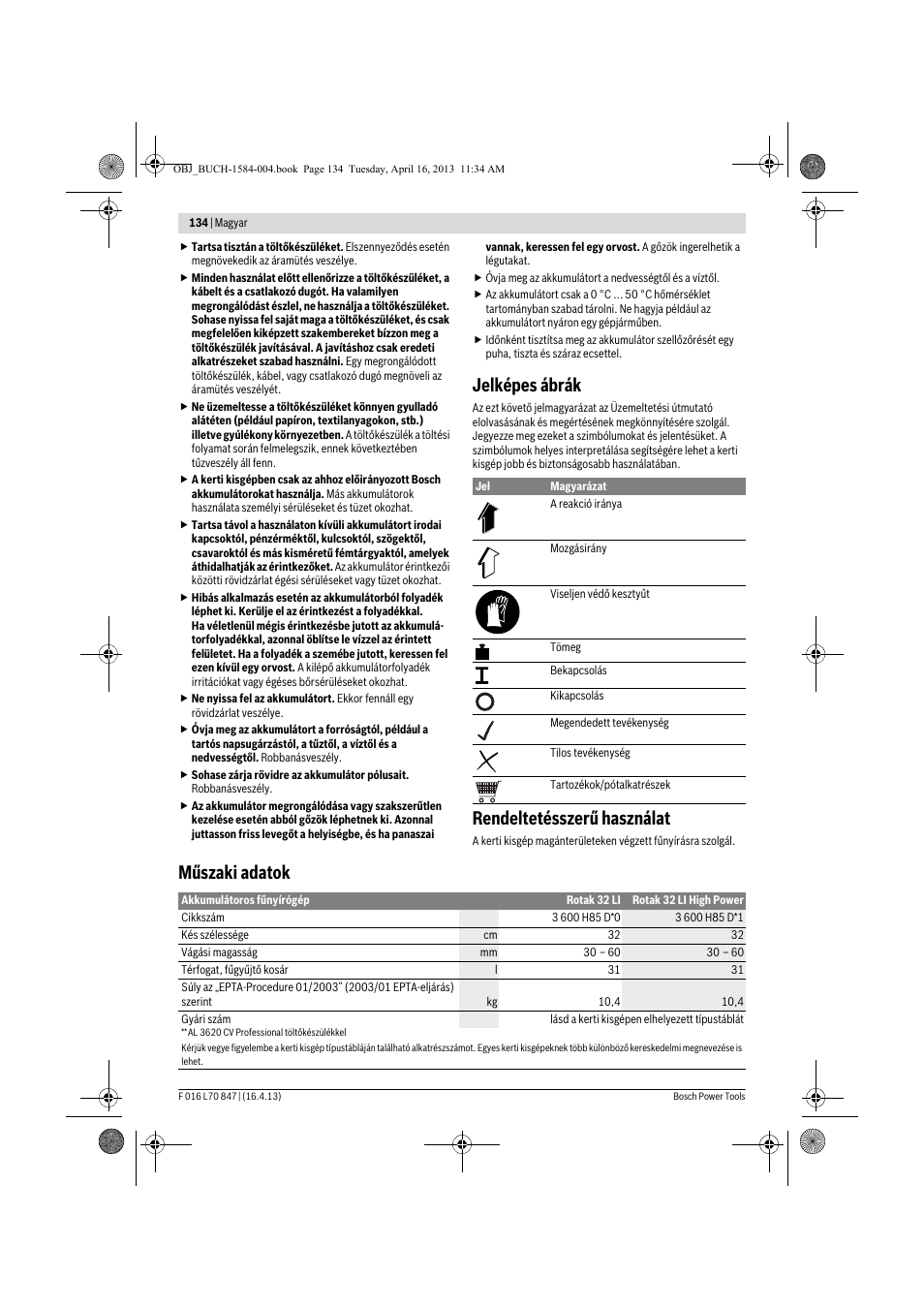 Jelképes ábrák, Rendeltetésszerű használat, Műszaki adatok | Bosch Rotak 32 LI User Manual | Page 134 / 248