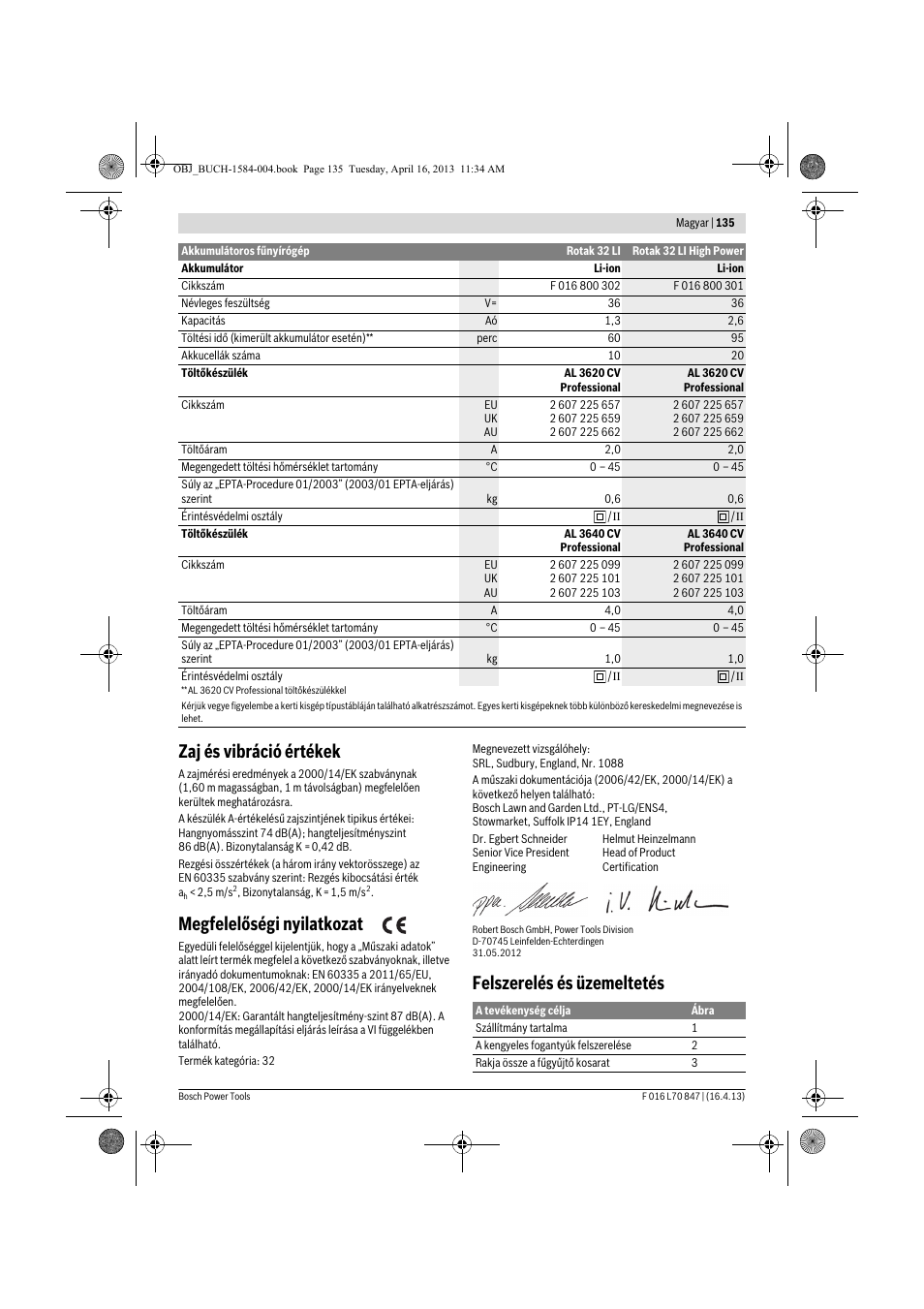 Zaj és vibráció értékek, Megfelelőségi nyilatkozat, Felszerelés és üzemeltetés | Bosch Rotak 32 LI User Manual | Page 135 / 248