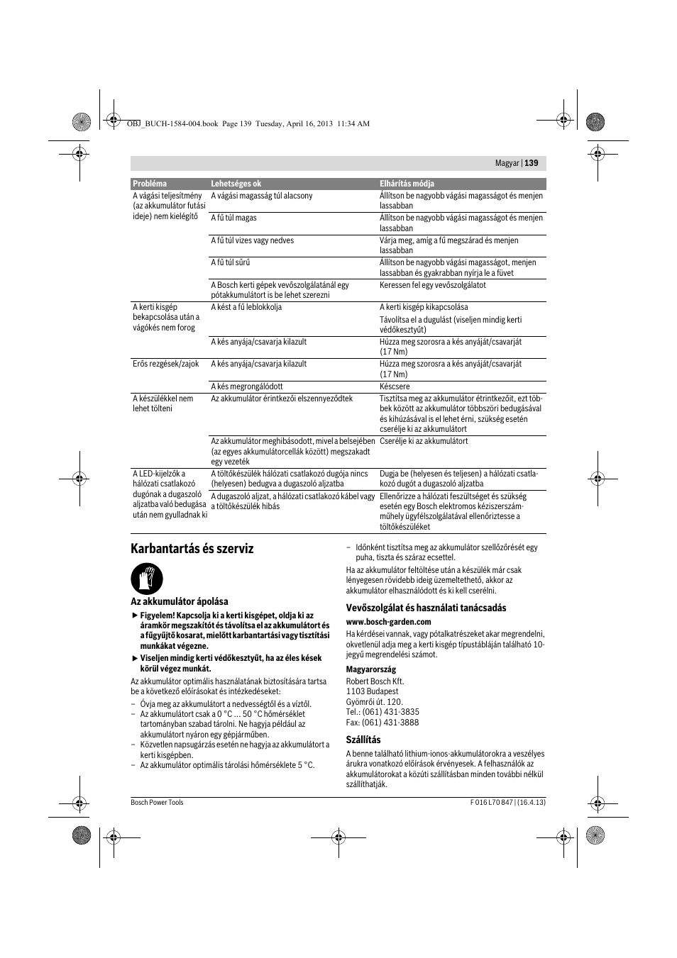 Karbantartás és szerviz | Bosch Rotak 32 LI User Manual | Page 139 / 248