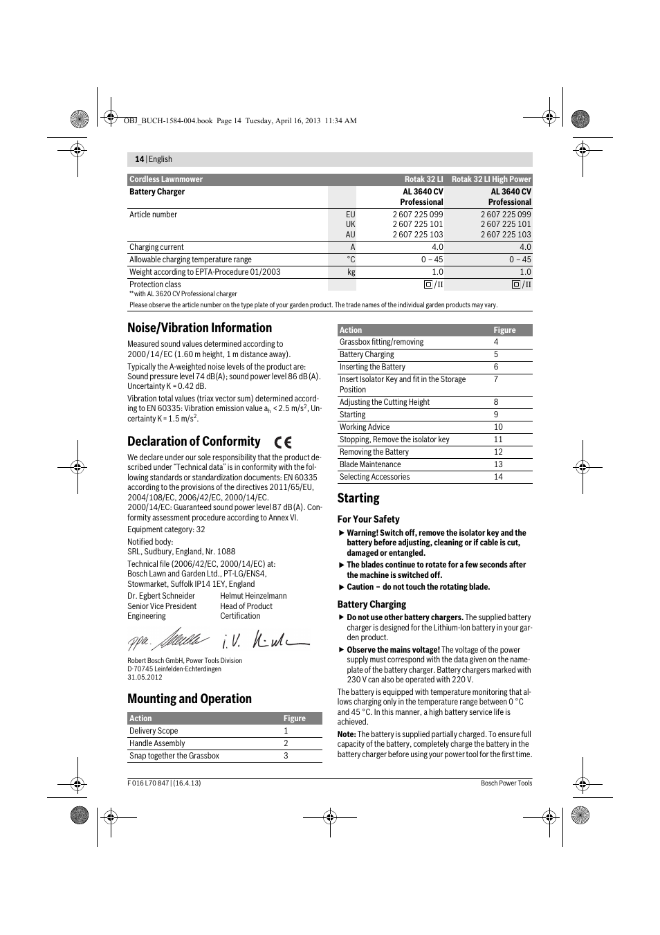 Noise/vibration information, Declaration of conformity, Mounting and operation starting | Bosch Rotak 32 LI User Manual | Page 14 / 248