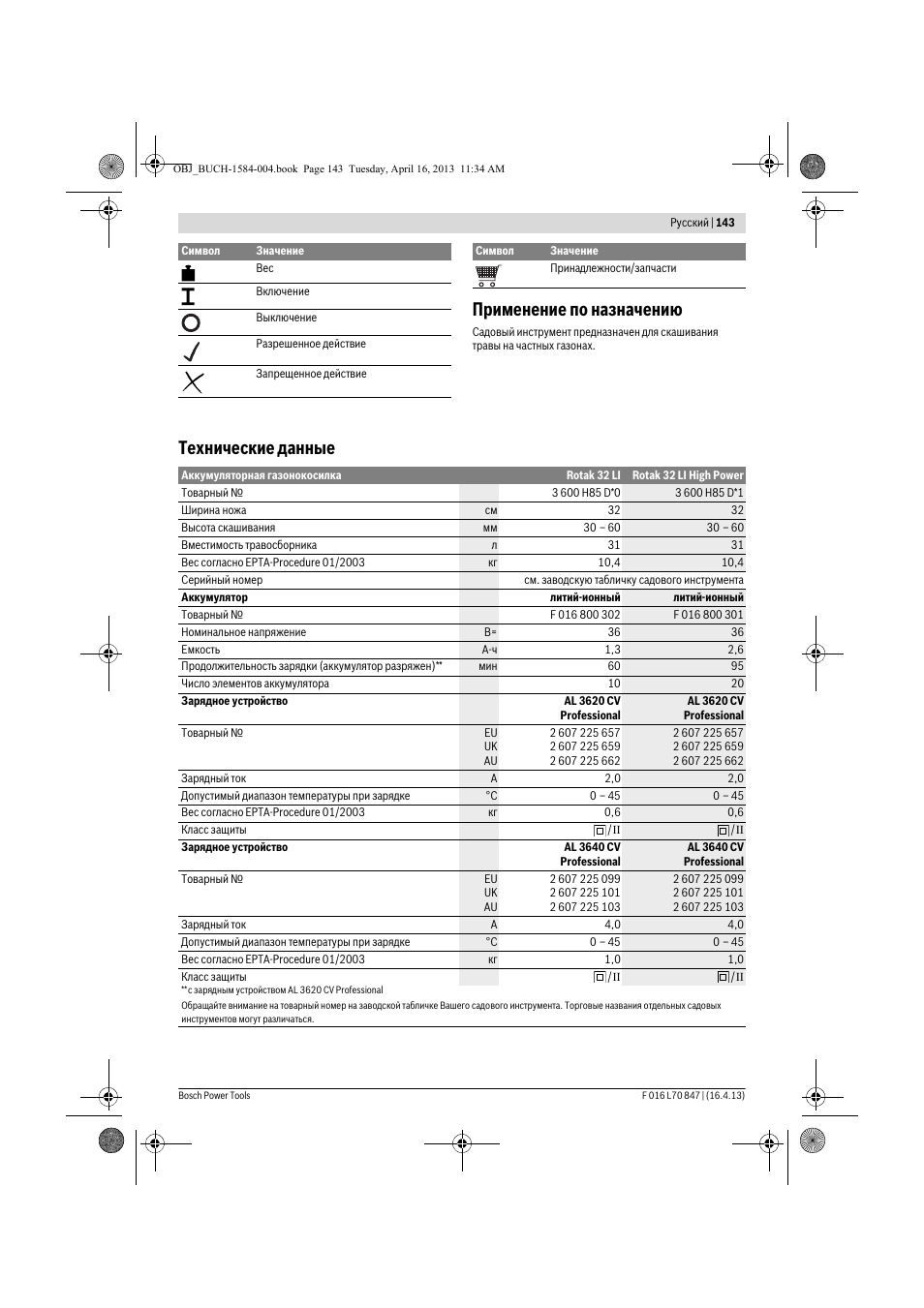 Применение по назначению, Технические данные | Bosch Rotak 32 LI User Manual | Page 143 / 248