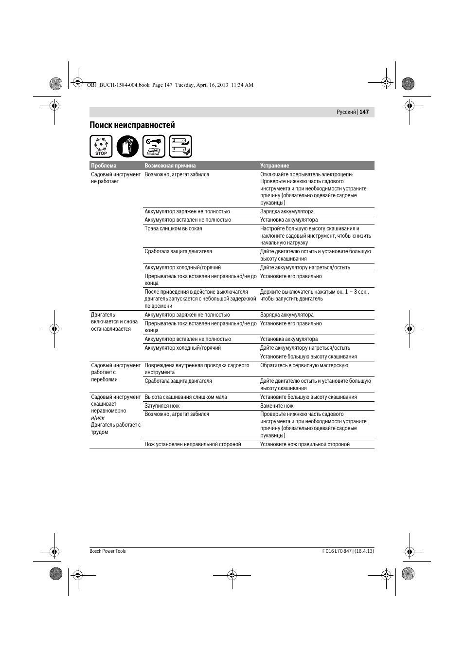 Поиск неисправностей | Bosch Rotak 32 LI User Manual | Page 147 / 248