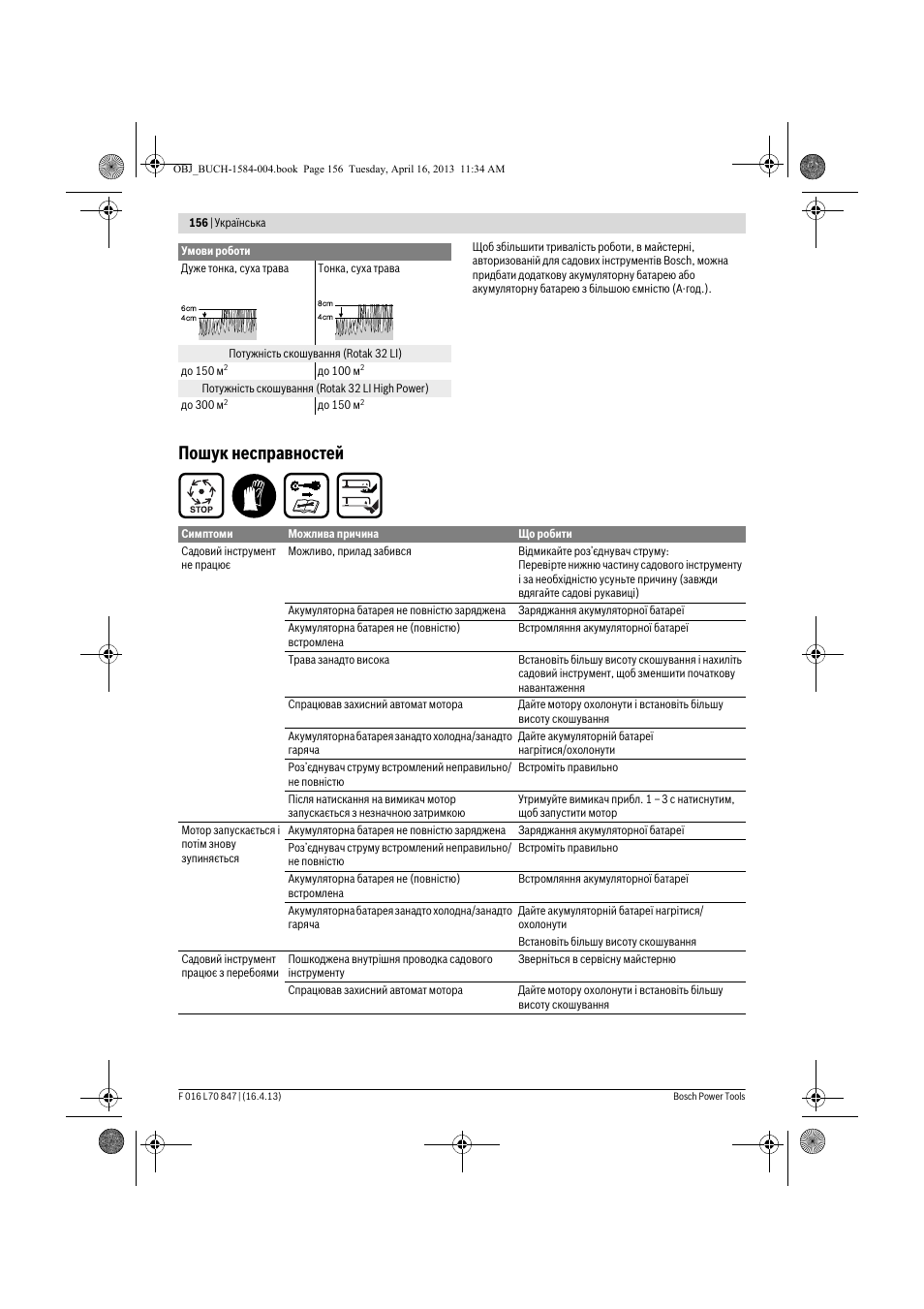 Пошук несправностей | Bosch Rotak 32 LI User Manual | Page 156 / 248