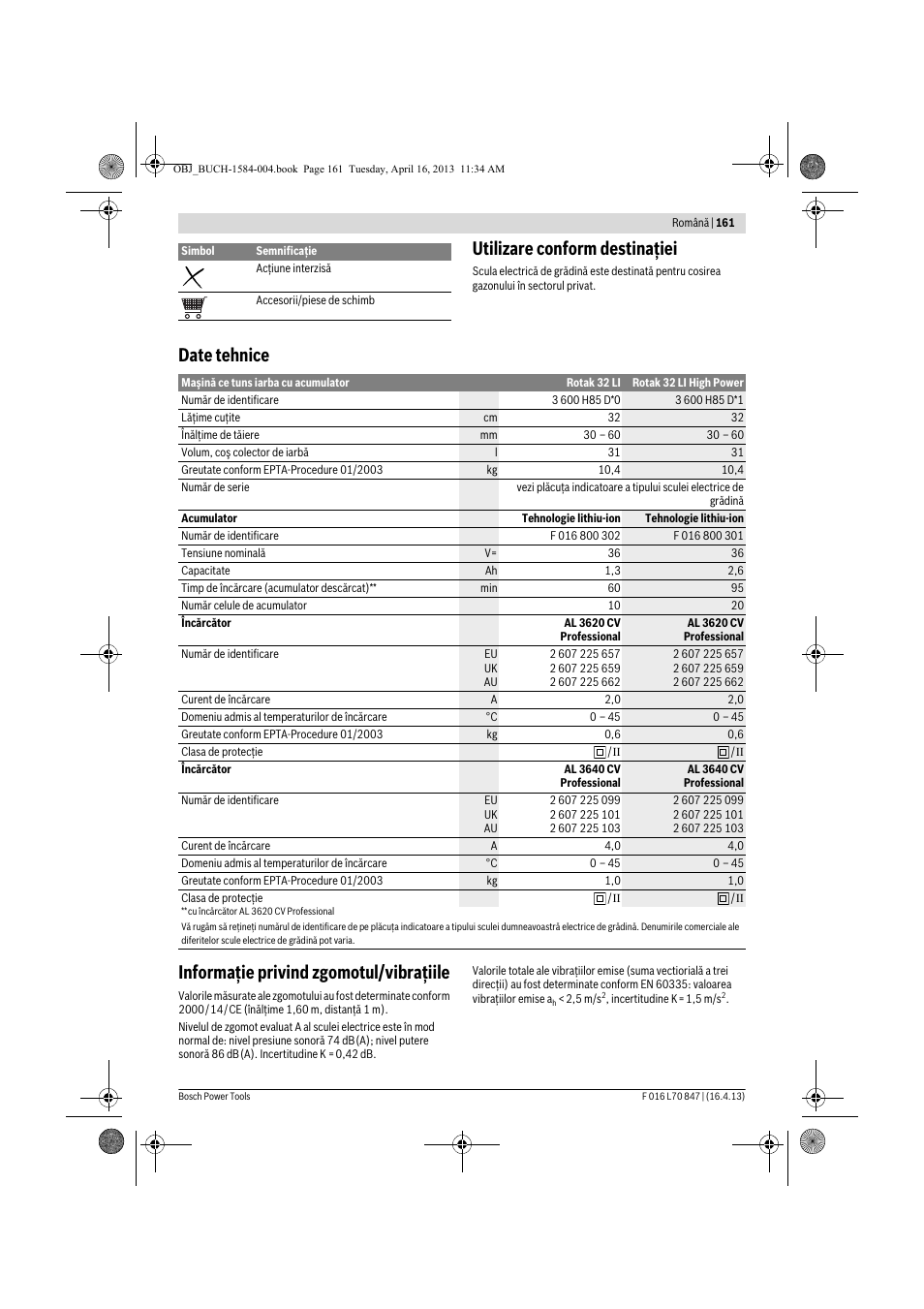 Utilizare conform destinaţiei | Bosch Rotak 32 LI User Manual | Page 161 / 248