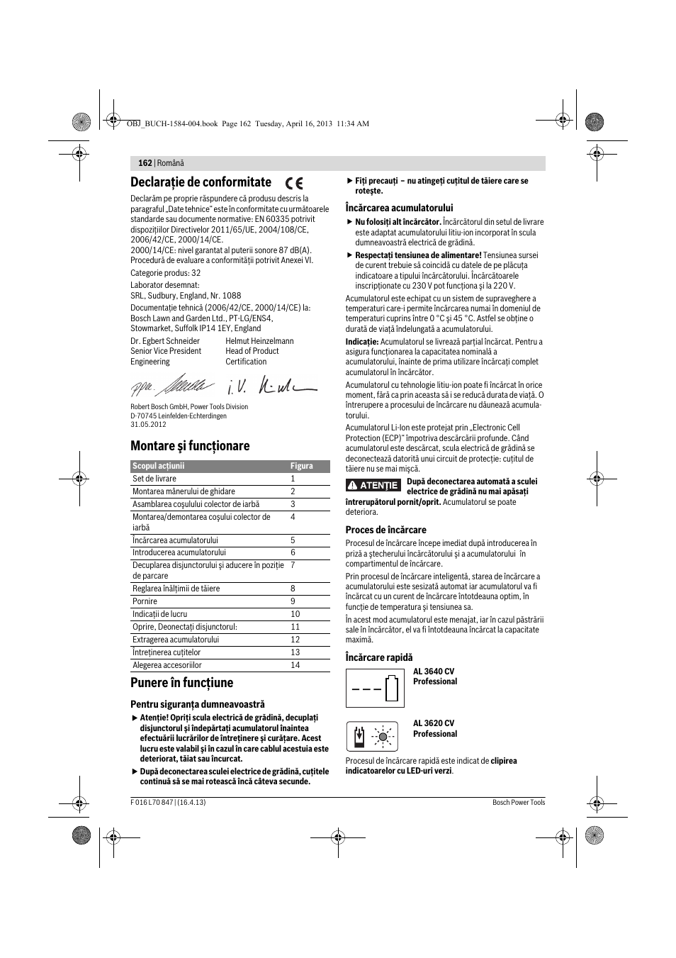 Declaraţie de conformitate, Montare şi funcţionare punere în funcţiune | Bosch Rotak 32 LI User Manual | Page 162 / 248