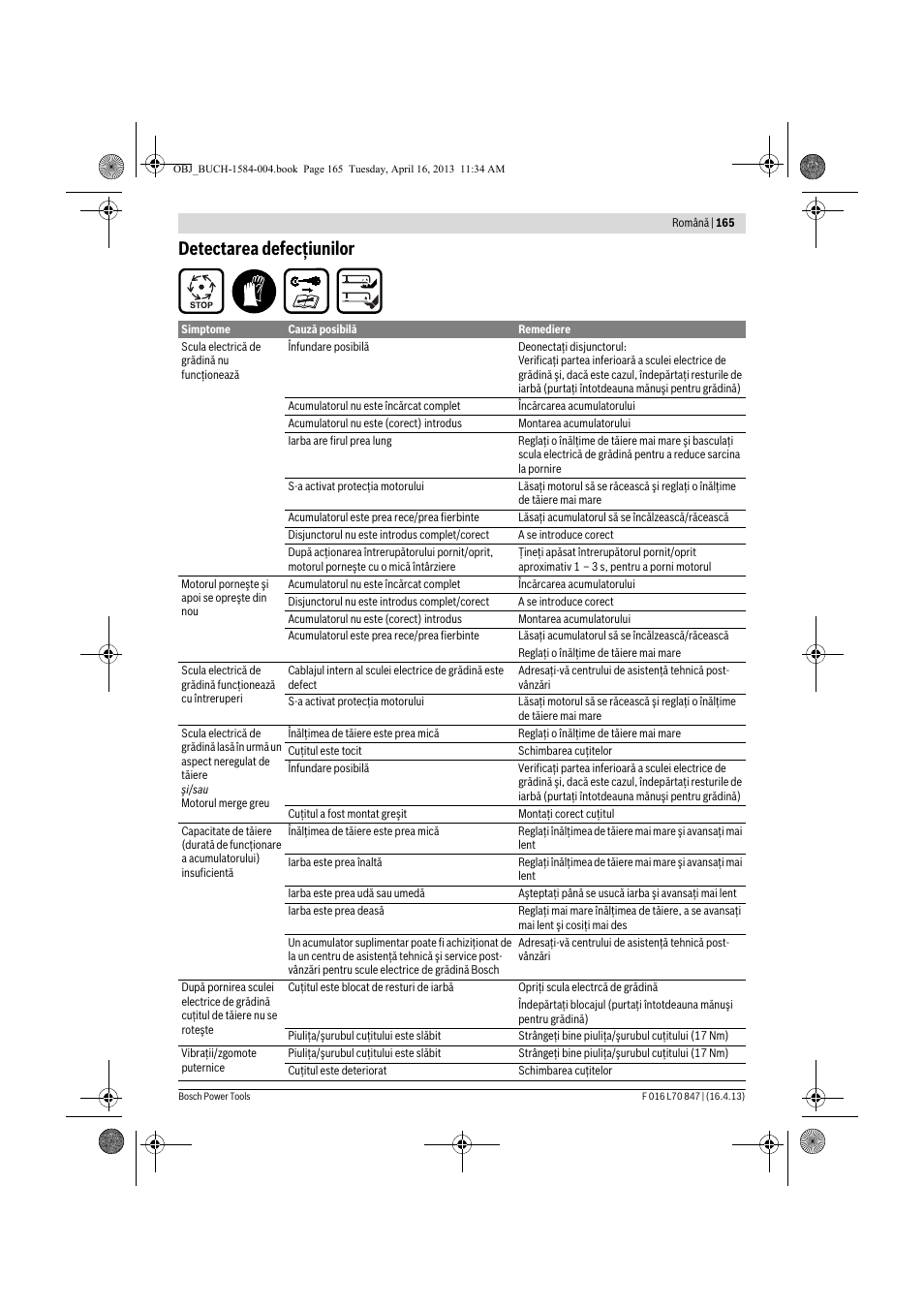 Detectarea defecţiunilor | Bosch Rotak 32 LI User Manual | Page 165 / 248