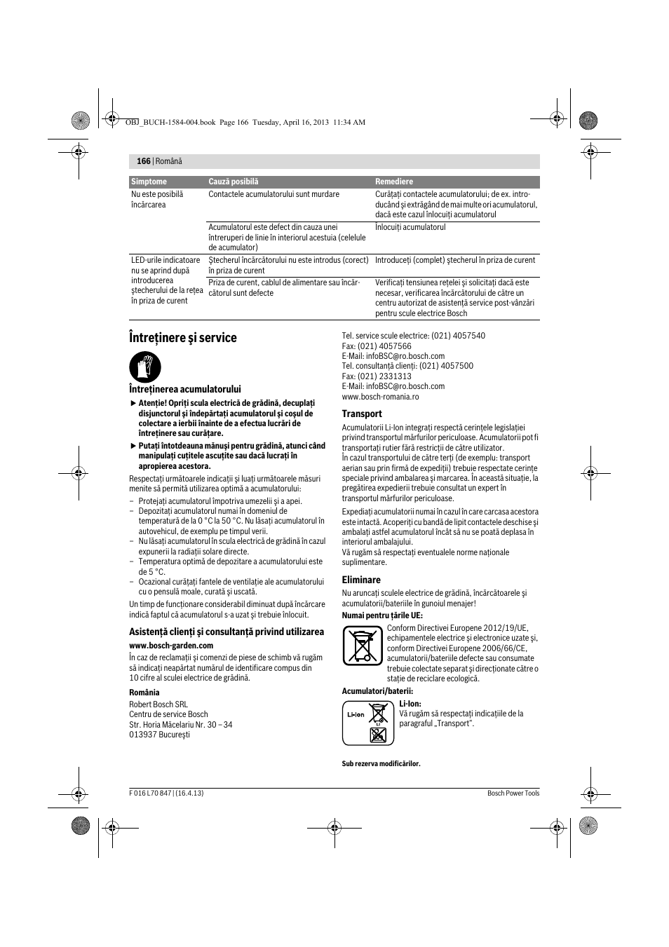 Întreţinere şi service | Bosch Rotak 32 LI User Manual | Page 166 / 248