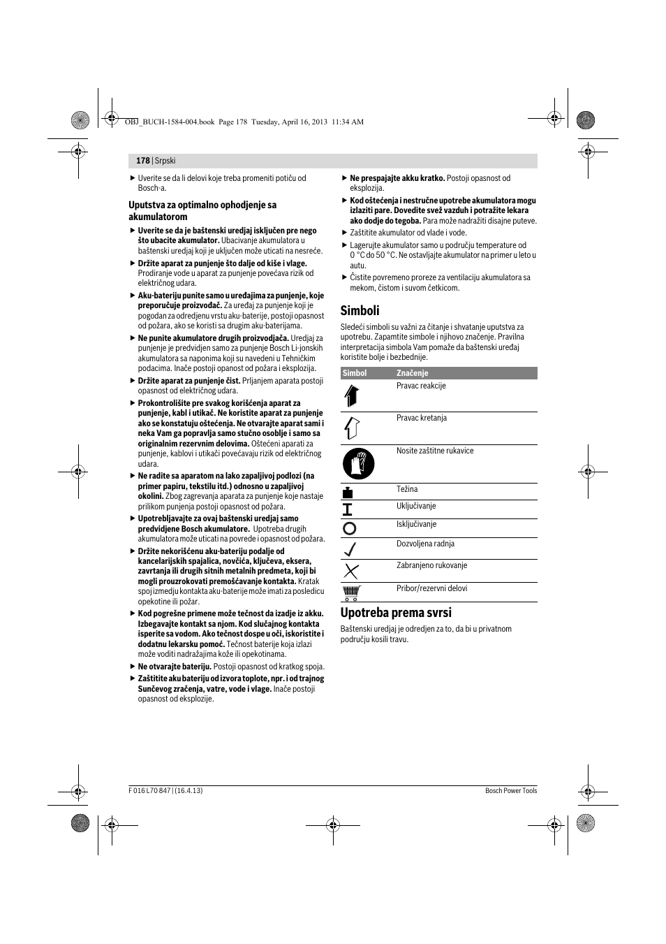 Simboli, Upotreba prema svrsi | Bosch Rotak 32 LI User Manual | Page 178 / 248