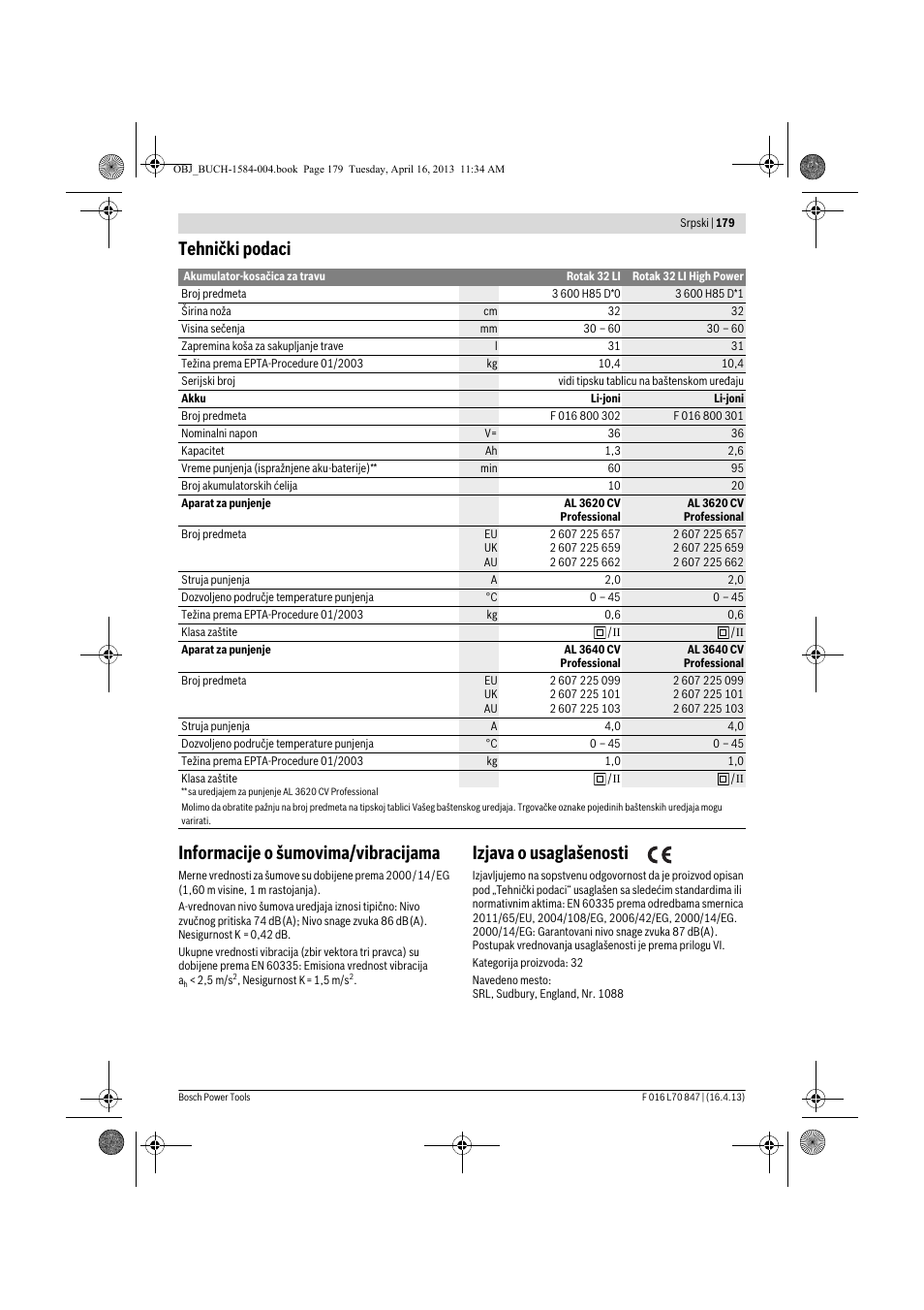 Tehnički podaci informacije o šumovima/vibracijama, Izjava o usaglašenosti | Bosch Rotak 32 LI User Manual | Page 179 / 248