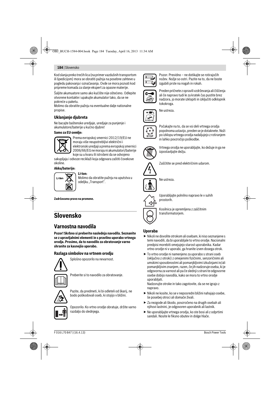 Slovensko, Varnostna navodila | Bosch Rotak 32 LI User Manual | Page 184 / 248