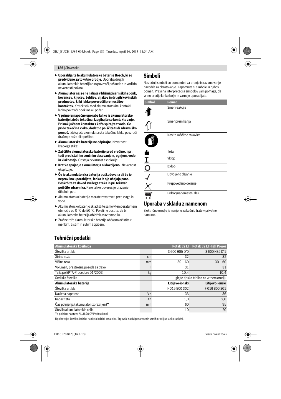 Simboli, Uporaba v skladu z namenom, Tehnični podatki | Bosch Rotak 32 LI User Manual | Page 186 / 248