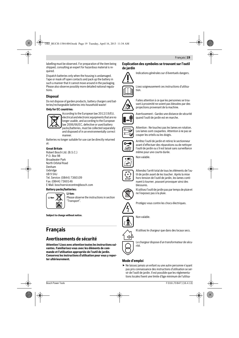 Français, Avertissements de sécurité | Bosch Rotak 32 LI User Manual | Page 19 / 248