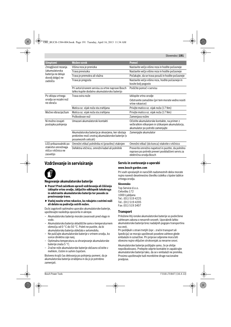 Vzdrževanje in servisiranje | Bosch Rotak 32 LI User Manual | Page 191 / 248