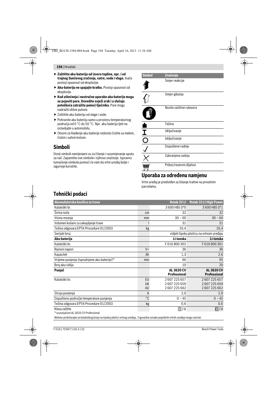 Simboli, Uporaba za određenu namjenu, Tehnički podaci | Bosch Rotak 32 LI User Manual | Page 194 / 248