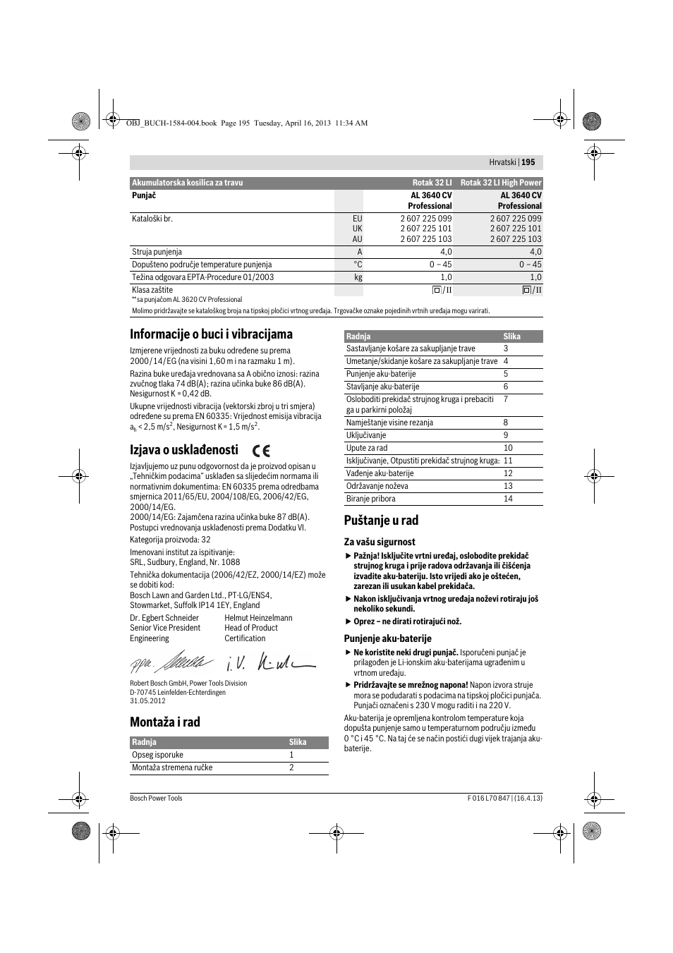 Informacije o buci i vibracijama, Izjava o usklađenosti, Montaža i rad puštanje u rad | Bosch Rotak 32 LI User Manual | Page 195 / 248