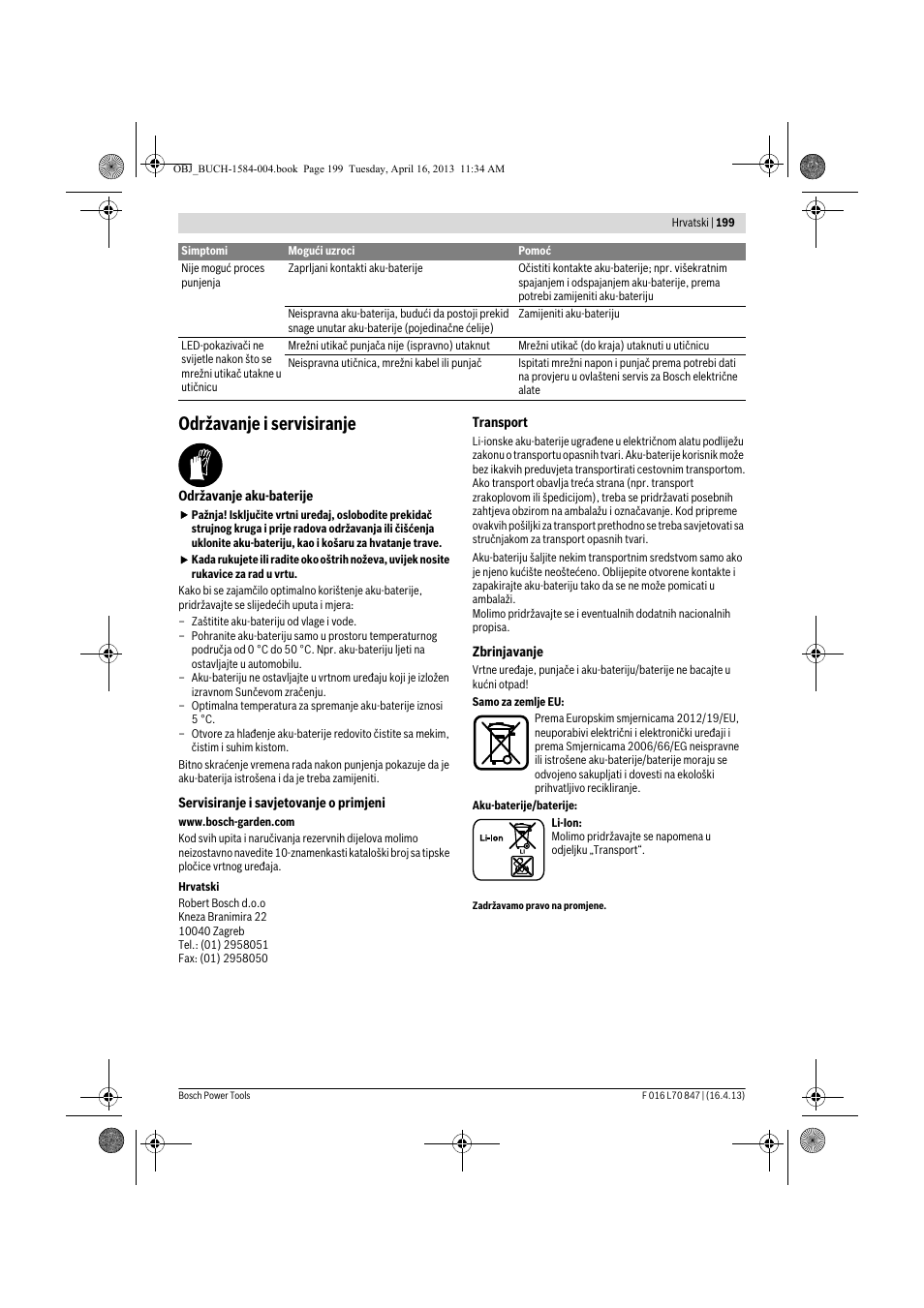 Održavanje i servisiranje | Bosch Rotak 32 LI User Manual | Page 199 / 248