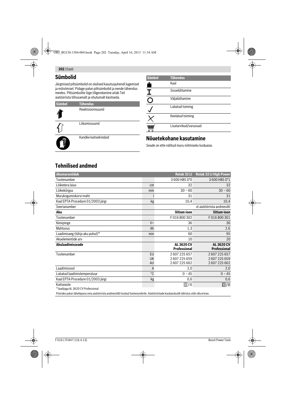 Sümbolid, Nõuetekohane kasutamine, Tehnilised andmed | Bosch Rotak 32 LI User Manual | Page 202 / 248