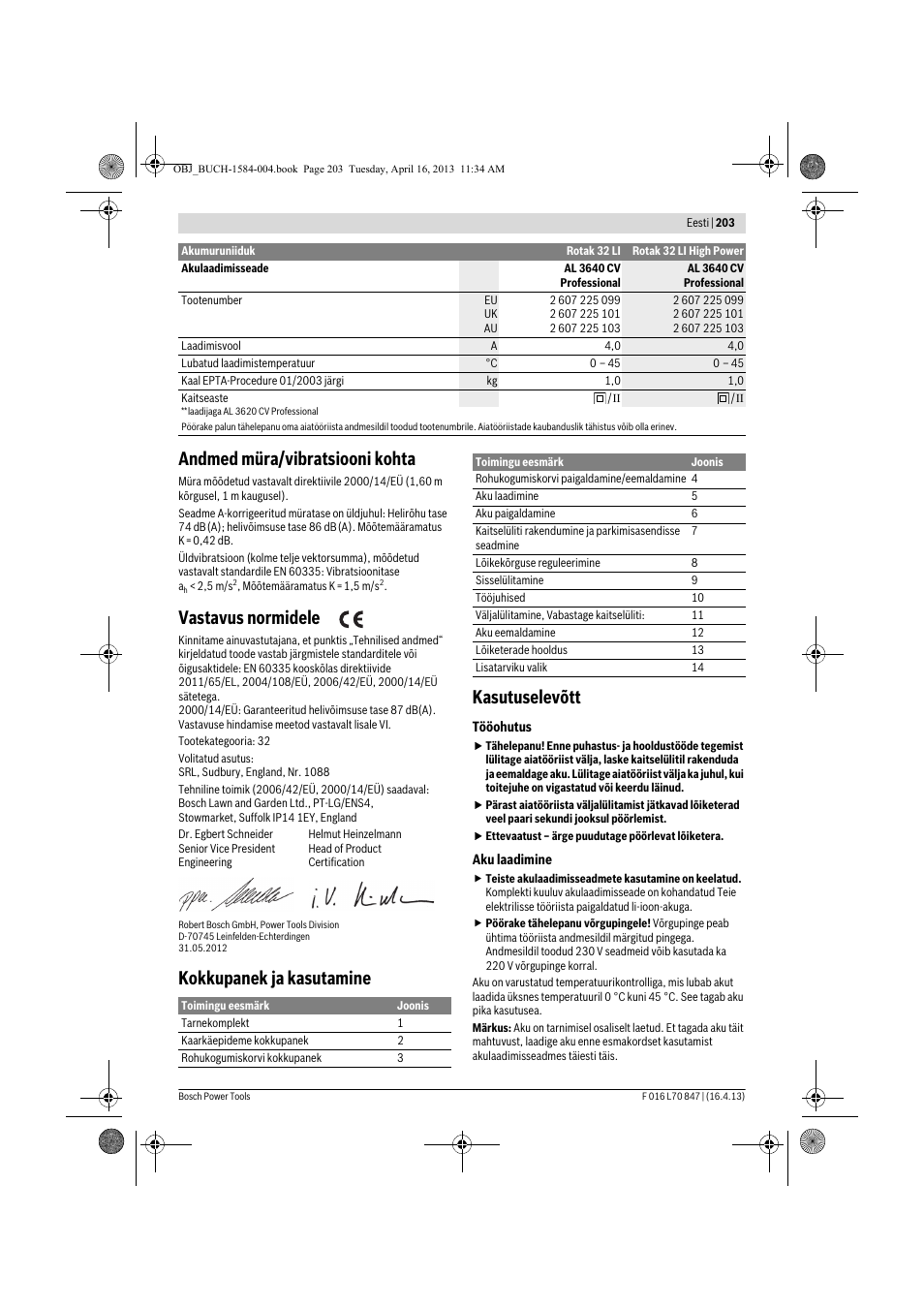 Andmed müra/vibratsiooni kohta, Vastavus normidele, Kokkupanek ja kasutamine kasutuselevõtt | Bosch Rotak 32 LI User Manual | Page 203 / 248