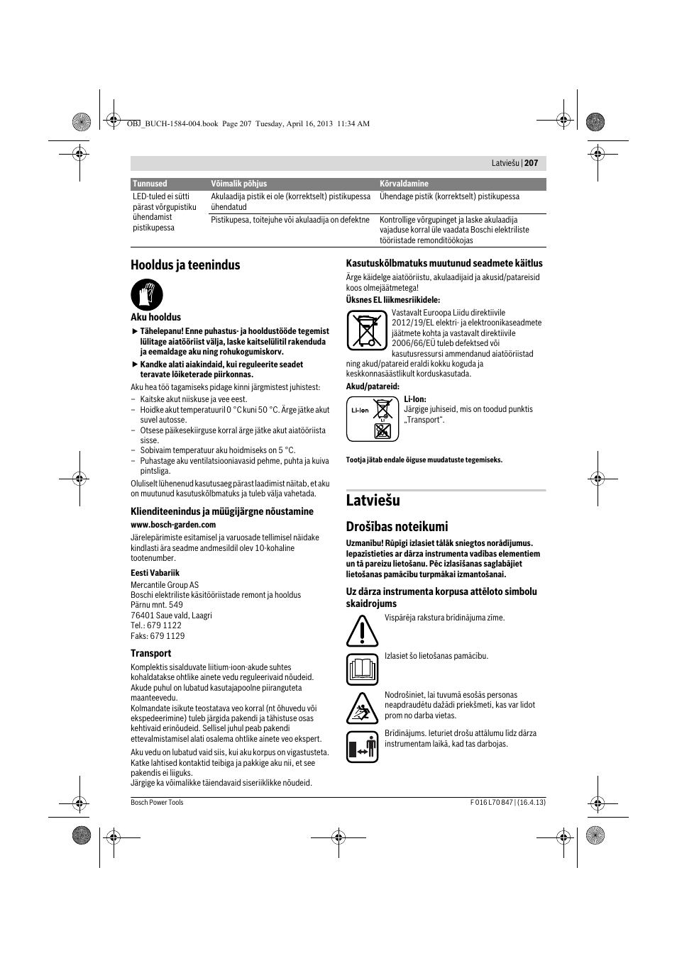 Latviešu, Hooldus ja teenindus | Bosch Rotak 32 LI User Manual | Page 207 / 248