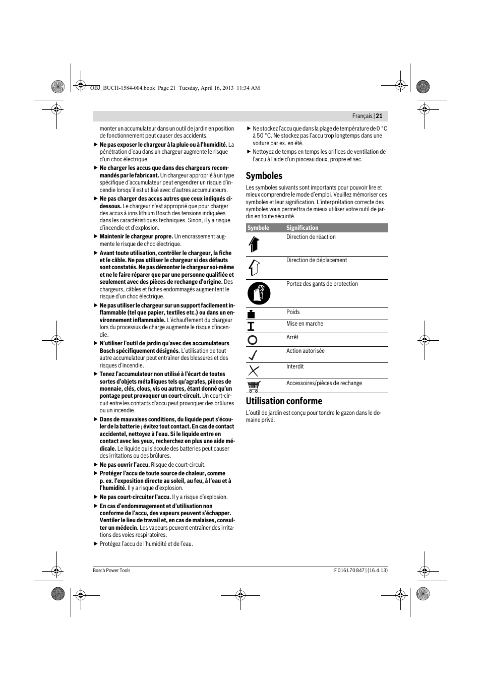 Symboles, Utilisation conforme | Bosch Rotak 32 LI User Manual | Page 21 / 248