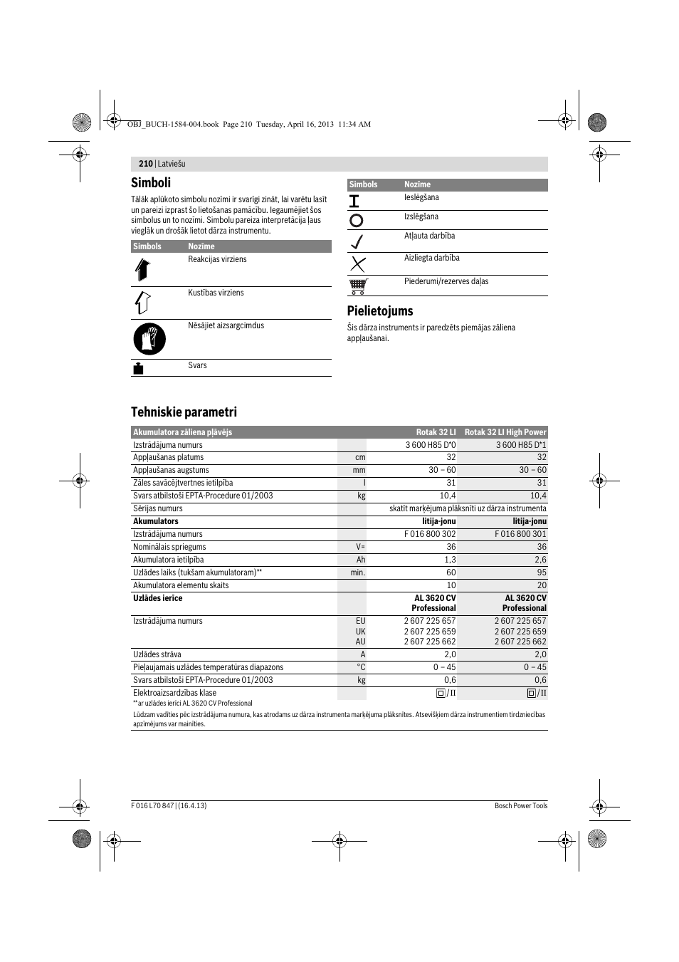 Simboli, Pielietojums, Tehniskie parametri | Bosch Rotak 32 LI User Manual | Page 210 / 248