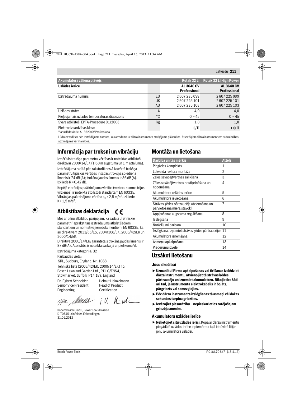 Informācija par troksni un vibrāciju, Atbilstības deklarācija, Montāža un lietošana uzsākot lietošanu | Bosch Rotak 32 LI User Manual | Page 211 / 248