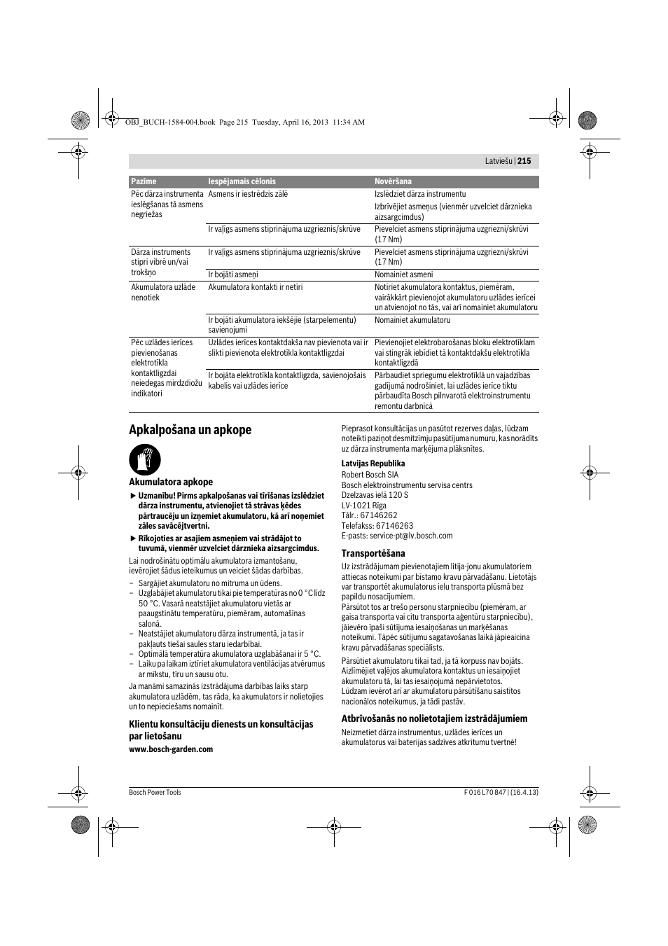 Apkalpošana un apkope | Bosch Rotak 32 LI User Manual | Page 215 / 248