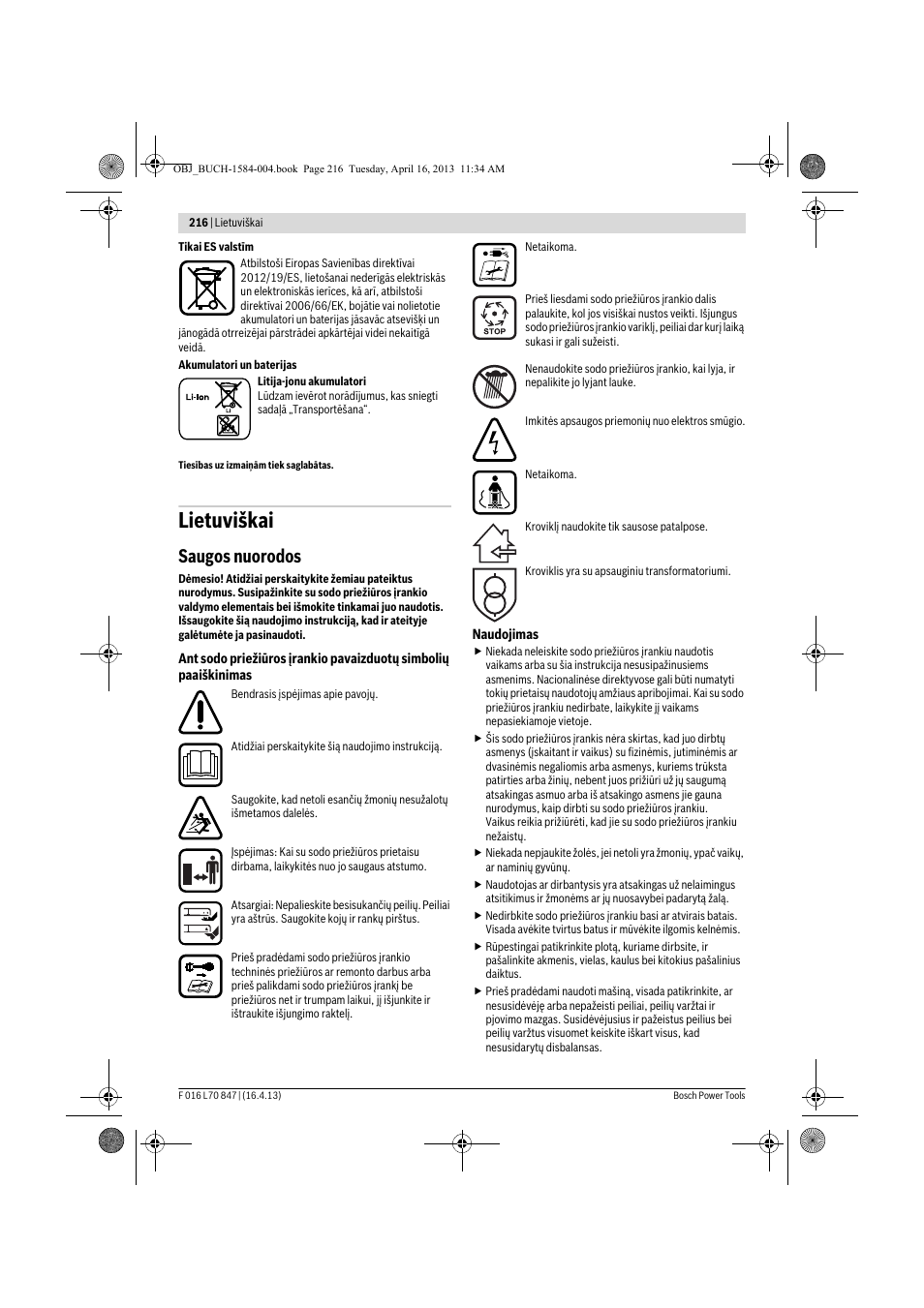 Lietuviškai, Saugos nuorodos | Bosch Rotak 32 LI User Manual | Page 216 / 248