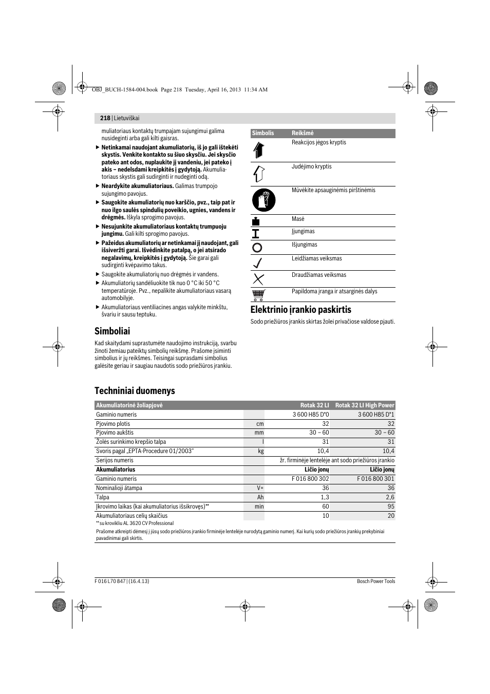 Simboliai, Elektrinio įrankio paskirtis, Techniniai duomenys | Bosch Rotak 32 LI User Manual | Page 218 / 248