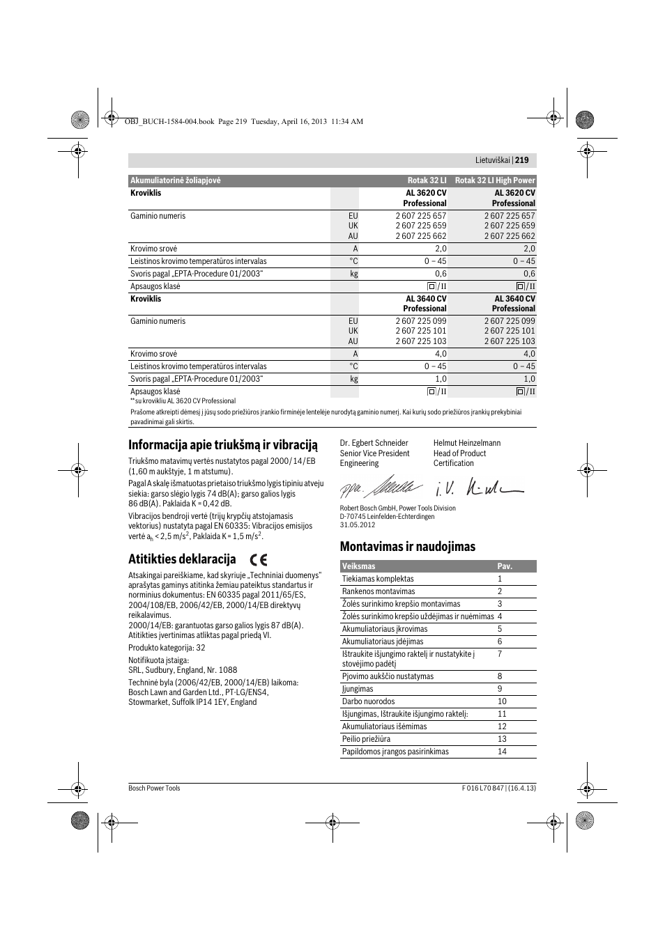 Informacija apie triukšmą ir vibraciją, Atitikties deklaracija, Montavimas ir naudojimas | Bosch Rotak 32 LI User Manual | Page 219 / 248