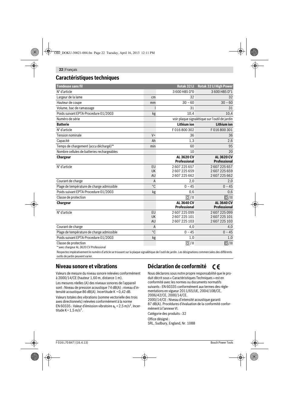 Déclaration de conformité | Bosch Rotak 32 LI User Manual | Page 22 / 248