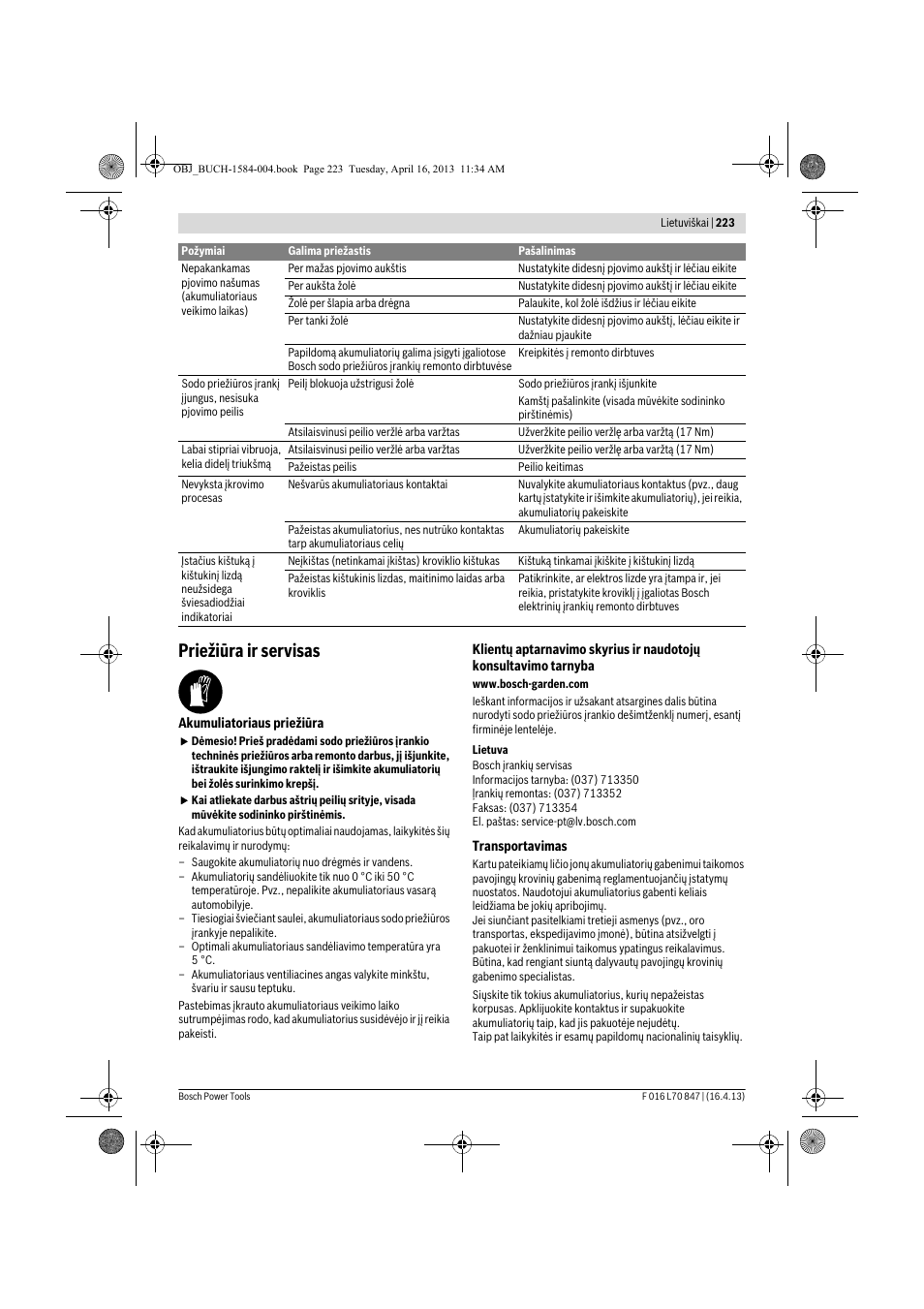Priežiūra ir servisas | Bosch Rotak 32 LI User Manual | Page 223 / 248