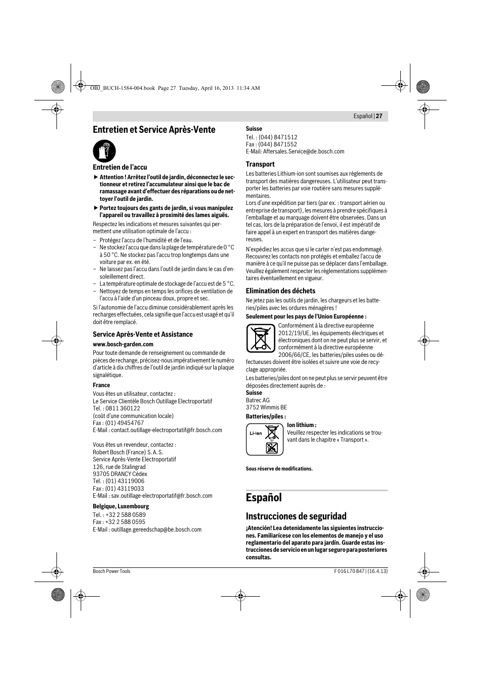 Español, Entretien et service après-vente, Instrucciones de seguridad | Bosch Rotak 32 LI User Manual | Page 27 / 248