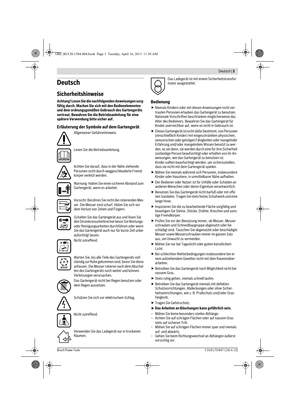 Deutsch, Sicherheitshinweise | Bosch Rotak 32 LI User Manual | Page 3 / 248