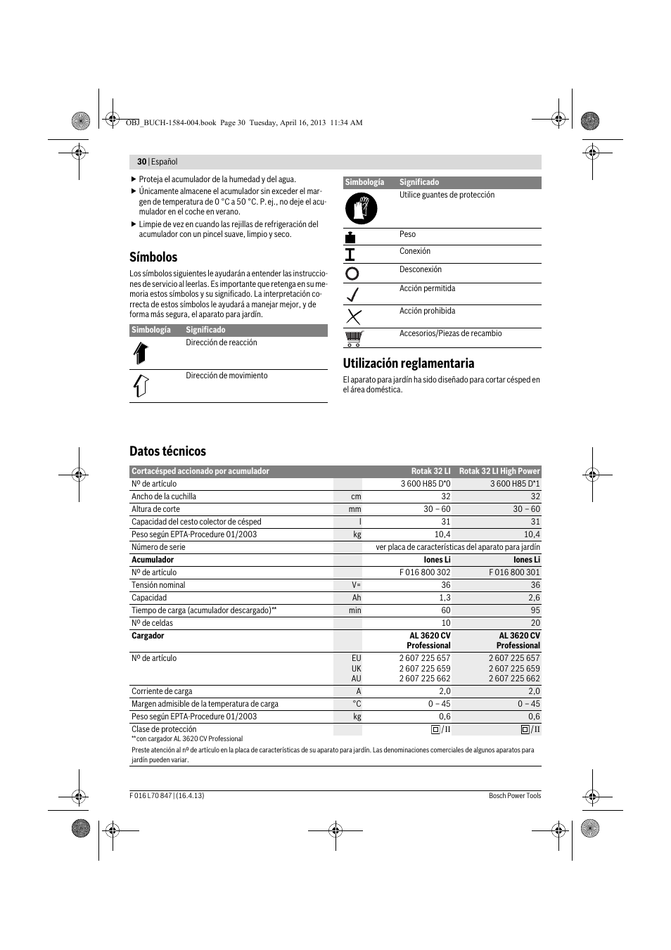 Símbolos, Utilización reglamentaria, Datos técnicos | Bosch Rotak 32 LI User Manual | Page 30 / 248