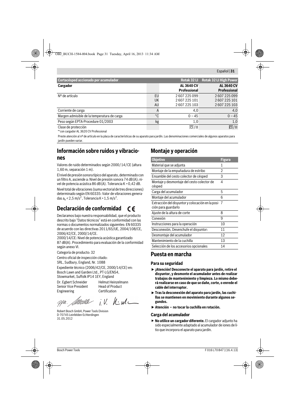 Información sobre ruidos y vibracio- nes, Declaración de conformidad, Montaje y operación puesta en marcha | Bosch Rotak 32 LI User Manual | Page 31 / 248