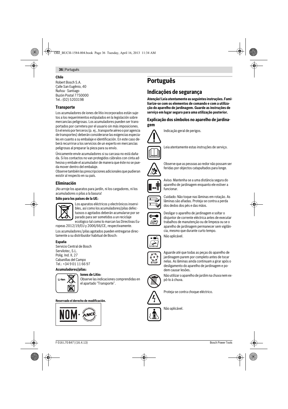 Português, Indicações de segurança | Bosch Rotak 32 LI User Manual | Page 36 / 248