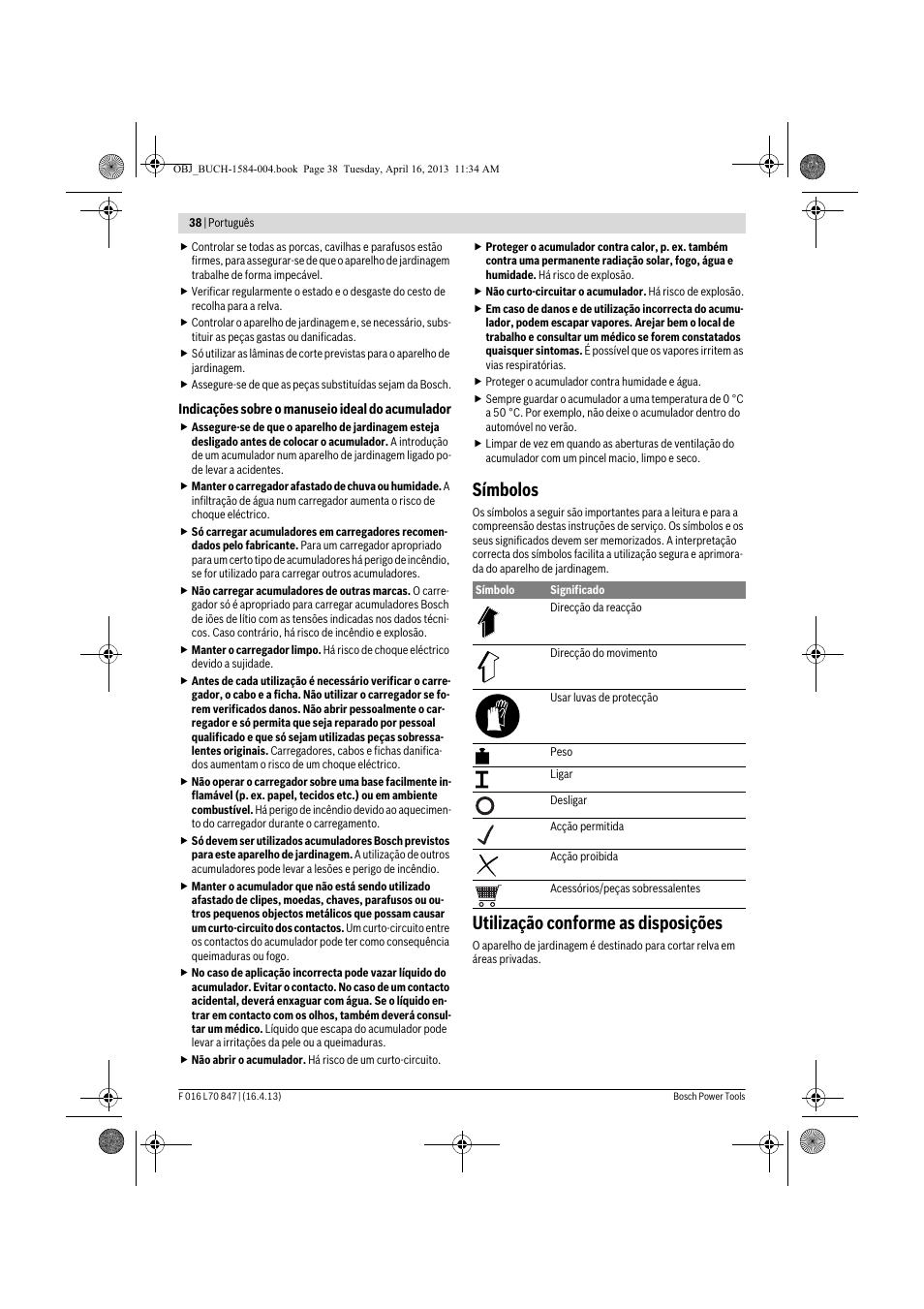 Símbolos, Utilização conforme as disposições | Bosch Rotak 32 LI User Manual | Page 38 / 248