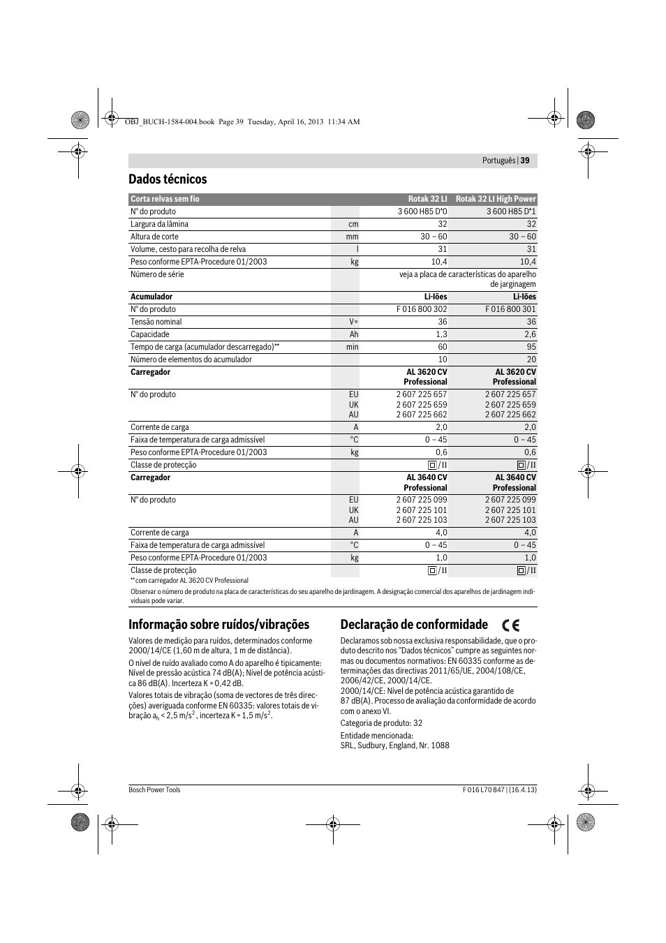 Dados técnicos informação sobre ruídos/vibrações, Declaração de conformidade | Bosch Rotak 32 LI User Manual | Page 39 / 248