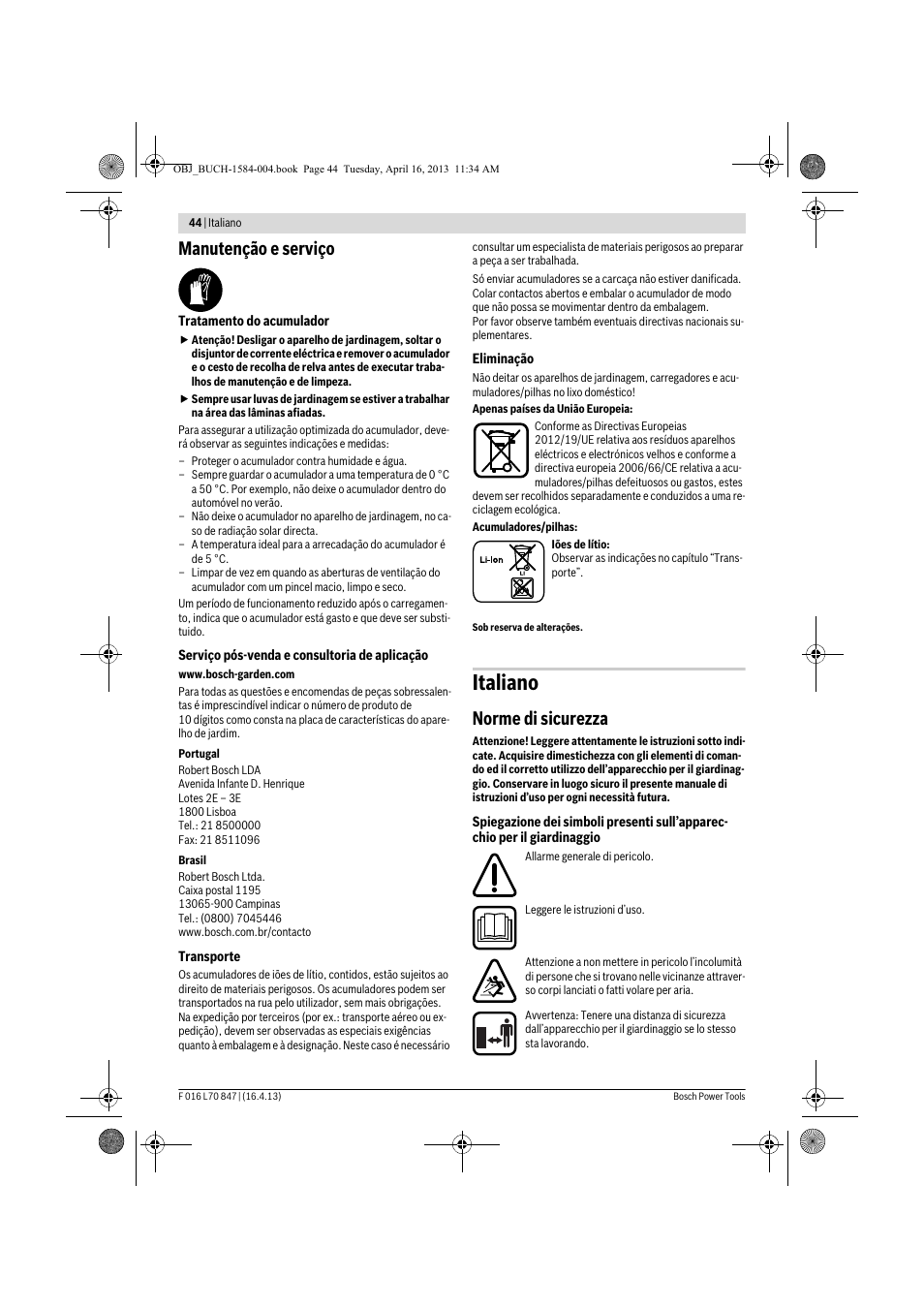 Italiano, Manutenção e serviço, Norme di sicurezza | Bosch Rotak 32 LI User Manual | Page 44 / 248