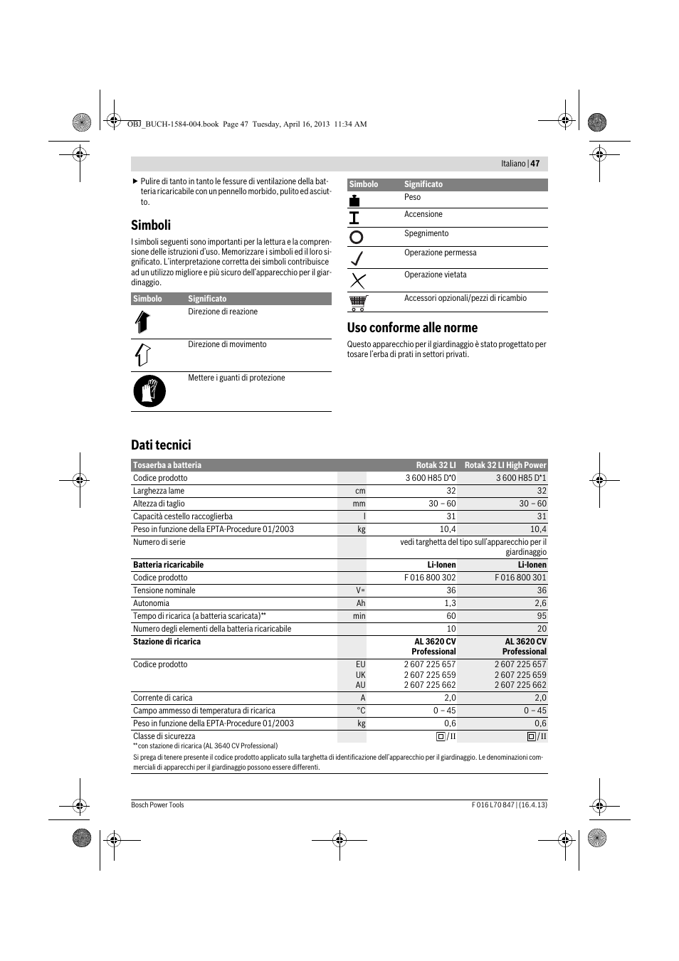 Simboli, Uso conforme alle norme, Dati tecnici | Bosch Rotak 32 LI User Manual | Page 47 / 248