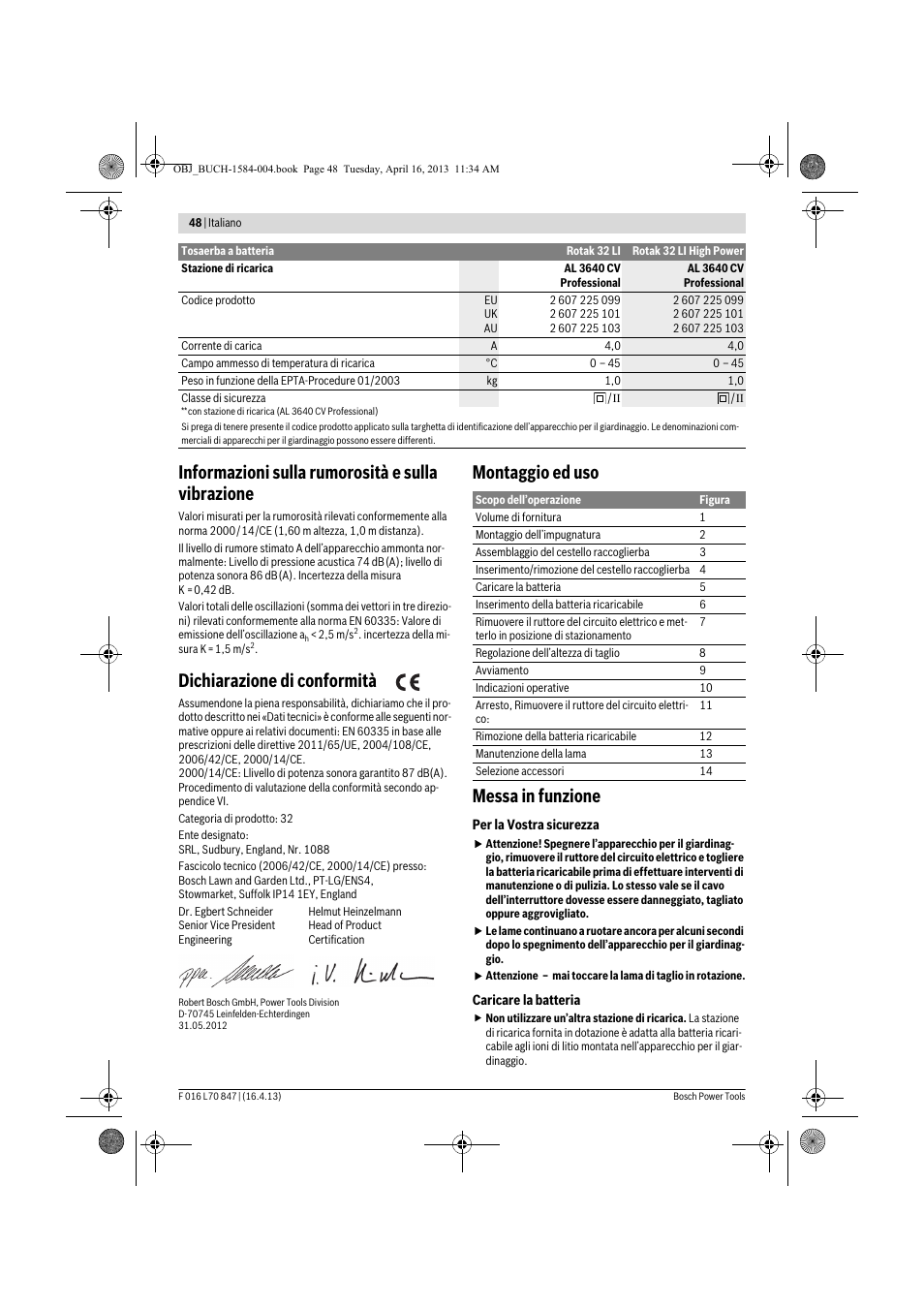 Informazioni sulla rumorosità e sulla vibrazione, Dichiarazione di conformità, Montaggio ed uso messa in funzione | Bosch Rotak 32 LI User Manual | Page 48 / 248