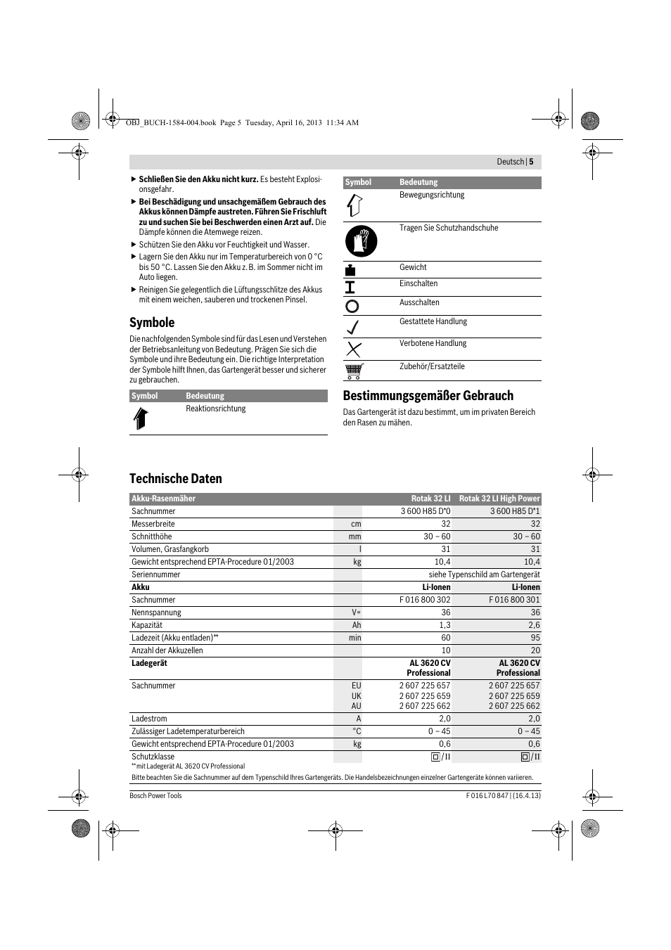 Symbole, Bestimmungsgemäßer gebrauch, Technische daten | Bosch Rotak 32 LI User Manual | Page 5 / 248