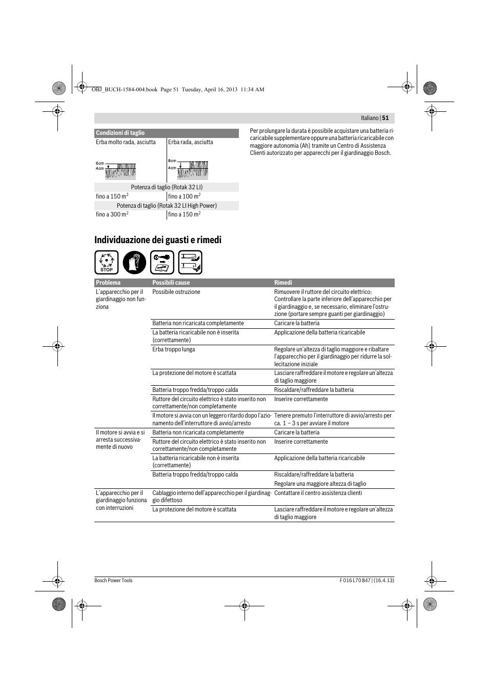 Individuazione dei guasti e rimedi | Bosch Rotak 32 LI User Manual | Page 51 / 248
