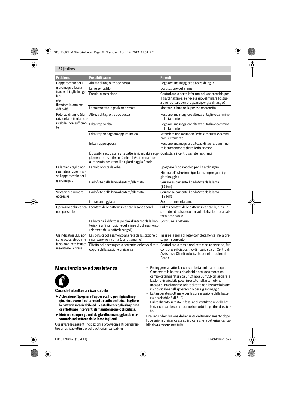 Manutenzione ed assistenza | Bosch Rotak 32 LI User Manual | Page 52 / 248