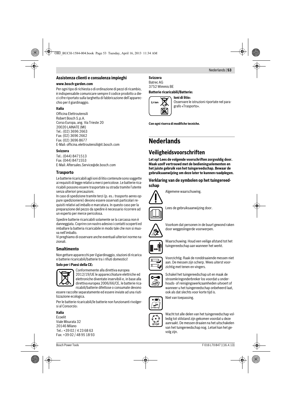 Nederlands, Veiligheidsvoorschriften | Bosch Rotak 32 LI User Manual | Page 53 / 248