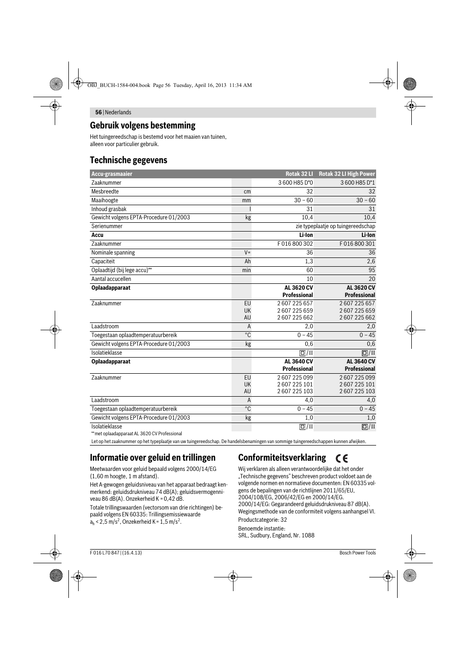 Gebruik volgens bestemming, Conformiteitsverklaring | Bosch Rotak 32 LI User Manual | Page 56 / 248