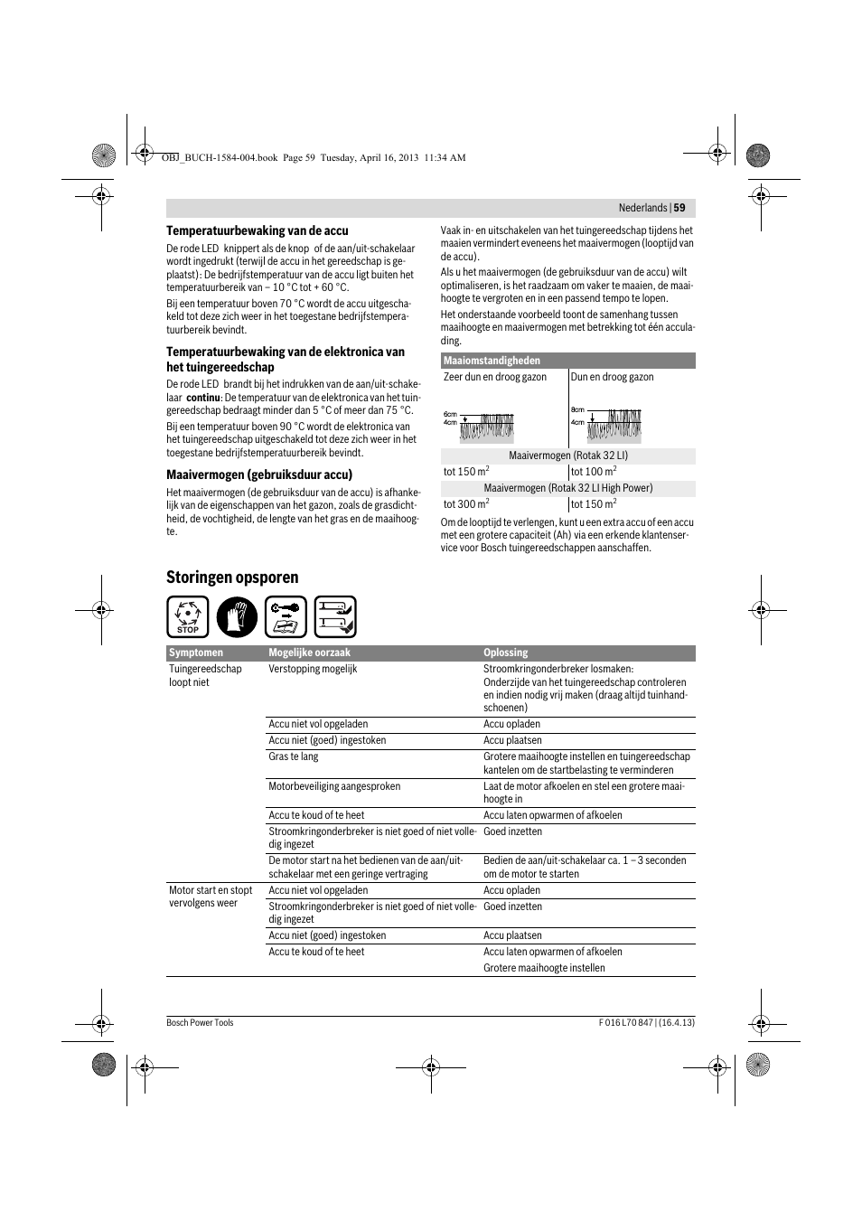 Storingen opsporen | Bosch Rotak 32 LI User Manual | Page 59 / 248