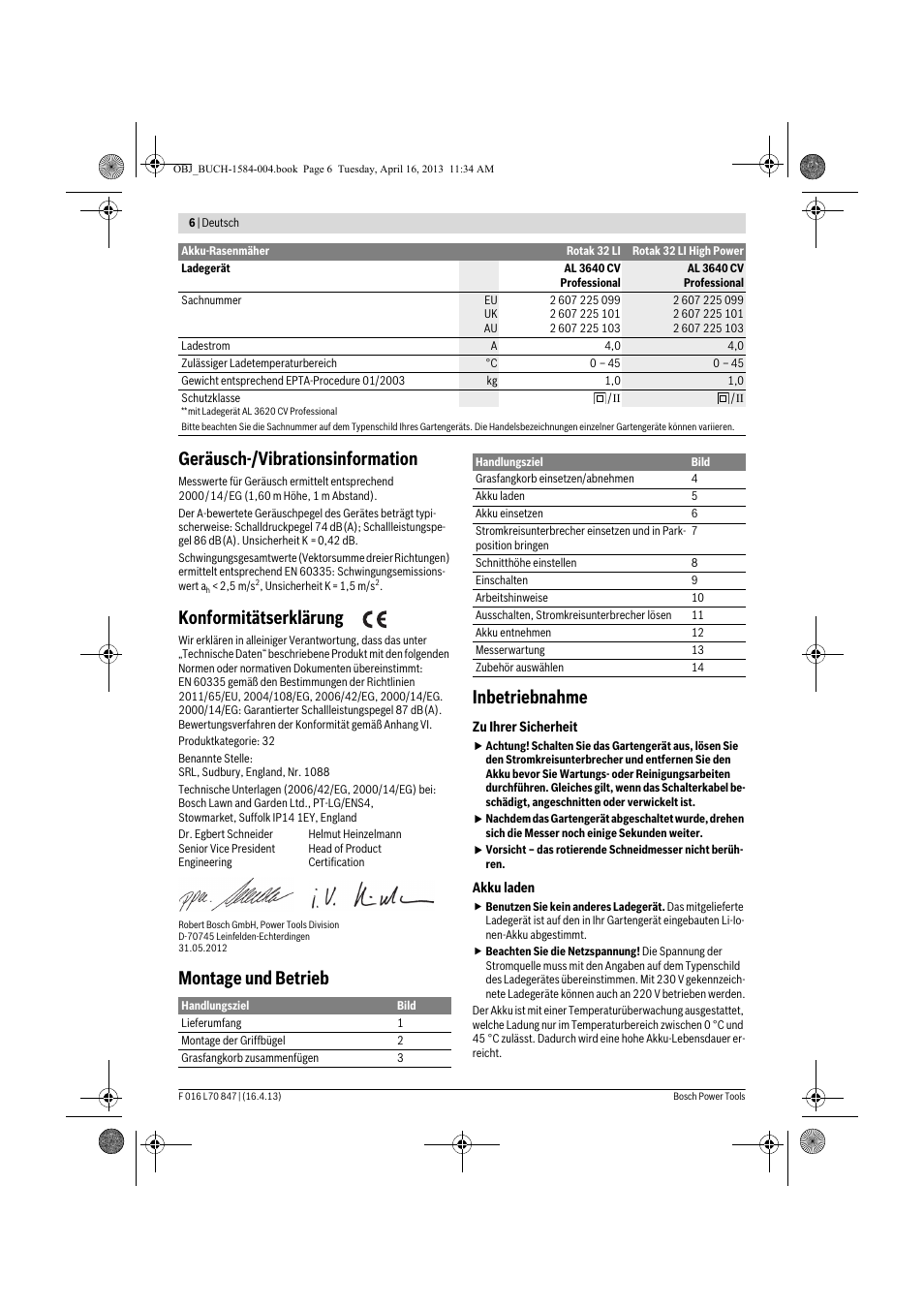 Geräusch-/vibrationsinformation, Konformitätserklärung, Montage und betrieb inbetriebnahme | Bosch Rotak 32 LI User Manual | Page 6 / 248